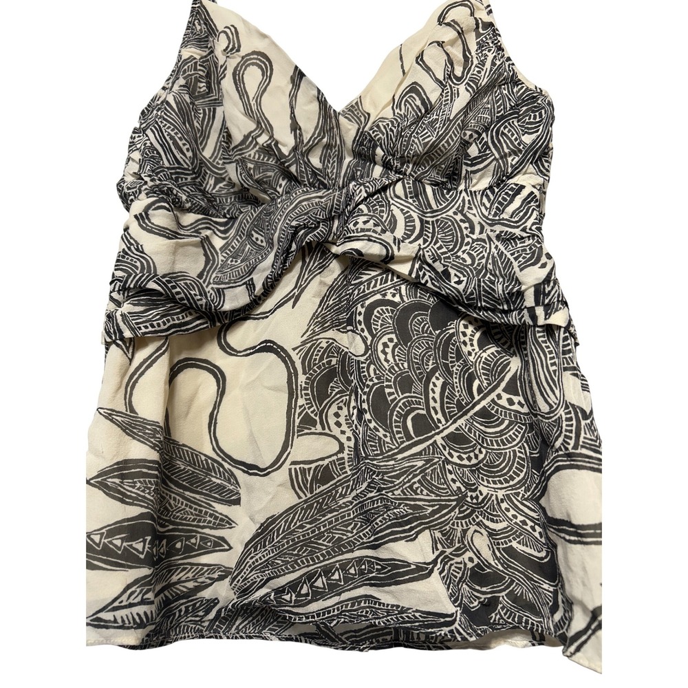 Theory Silk Cami Top Black Ivory Print Ruched‎ V-Neck Sleeveless Blouse